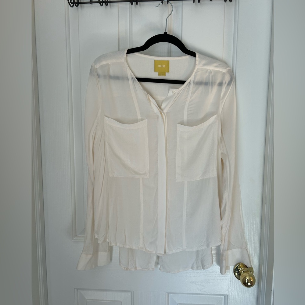 Maeve Ivory Long-Sleeve Button Down Blouse Size 6 at Anthropologie